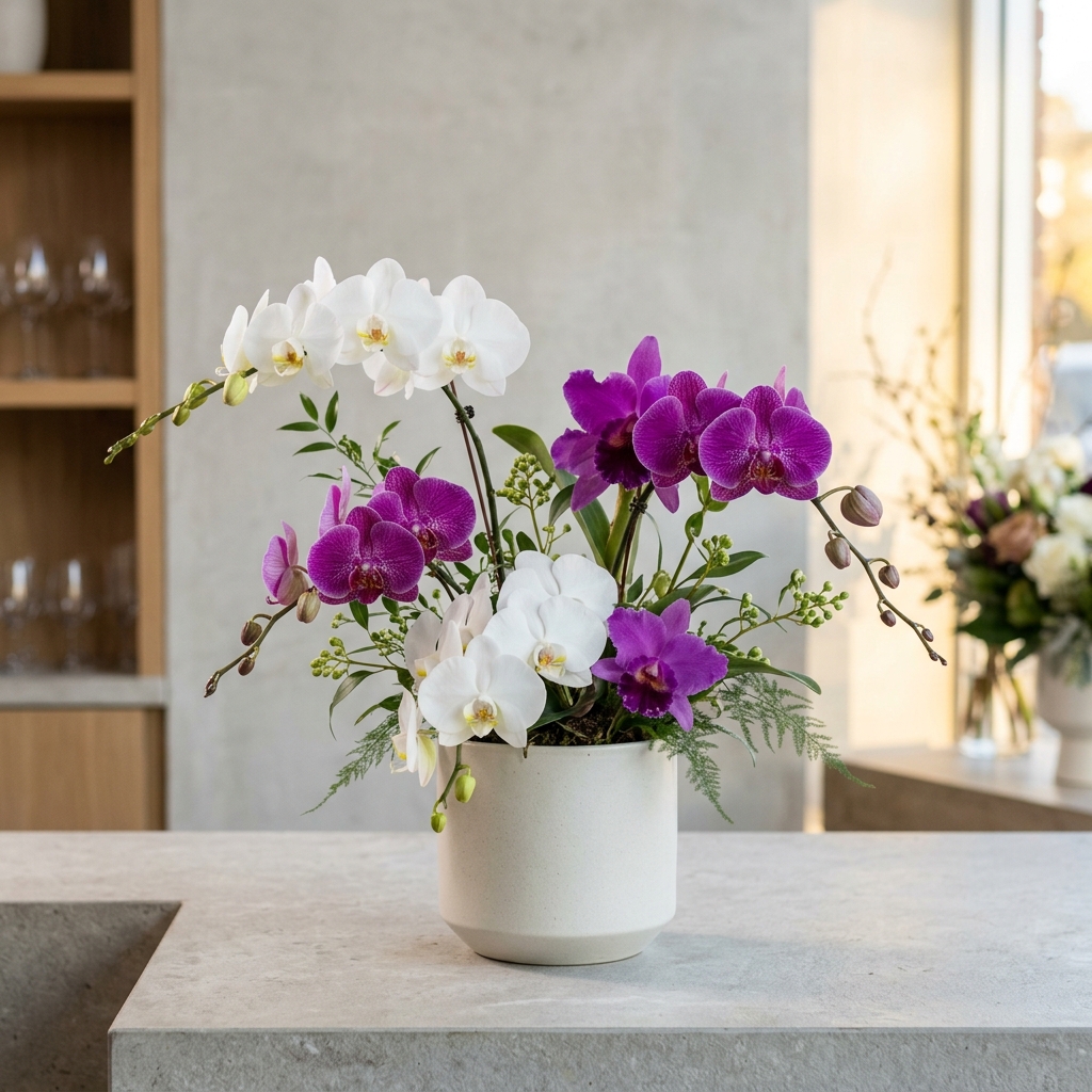 Arreglo de orquídeas blancas y moradas