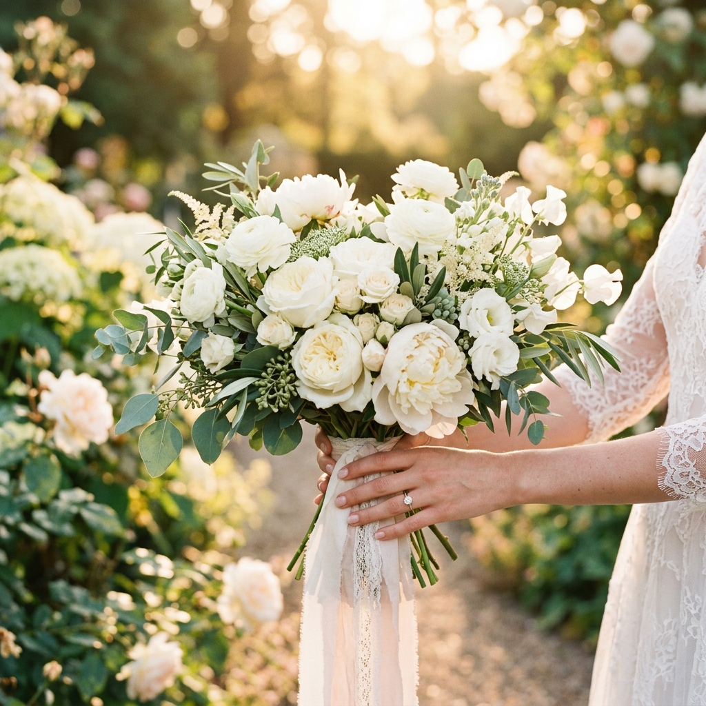 Ramo nupcial de rosas blancas y peonías